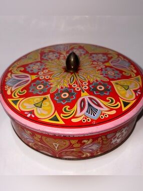 Vintage Decorative Tin Floral Design Bright Colors Round England Hallmark Lidded